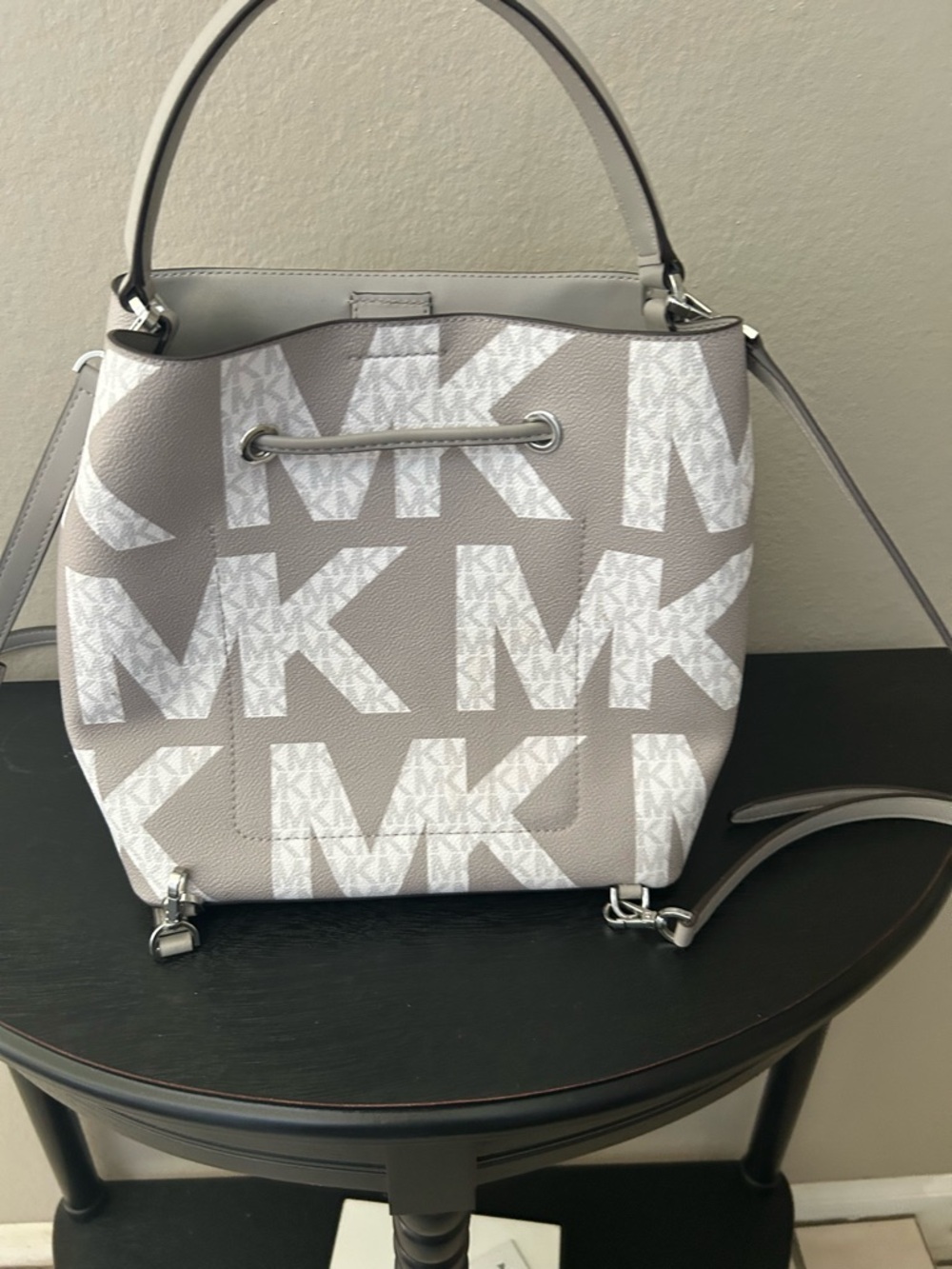 Michael Kors Light Gray MK Logo Drawstring Shoulder Tote - Picture 5 of 15